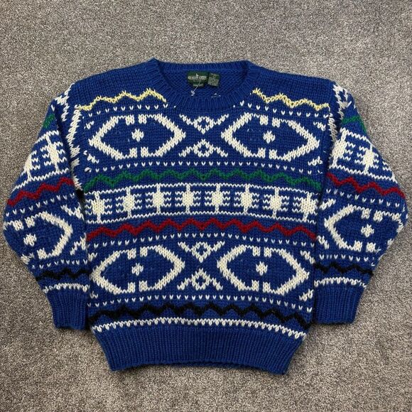 Vintage Boundary Waters Sweater Womens Large Blue Hand Knit Wool Blend Geometric - Picture 1 of 7